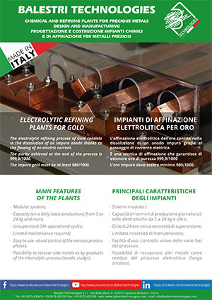 Impianto di affinazione elettrolitica per oro